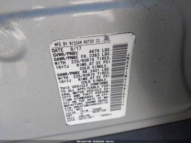 JN8AT2MV2HW285178 Nissan Rogue Sl