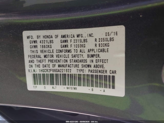 1HGCR2F96GA221922 Honda Accord Ex-l