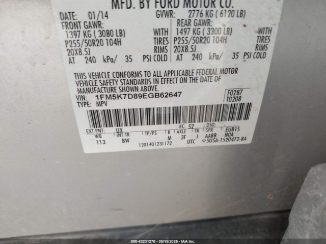 1FM5K7D89EGB62647 Ford EXPLORER XLT