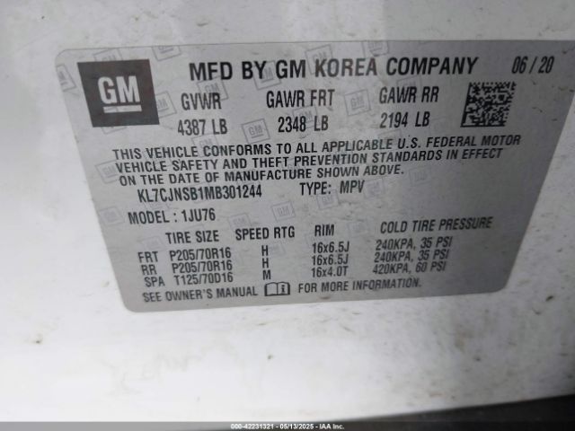 KL7CJNSB1MB301244 Chevrolet Trax Awd Ls