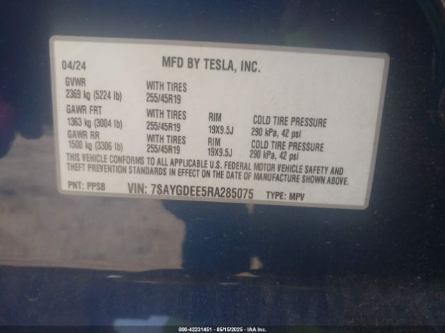 7SAYGDEE5RA285075 Tesla Model Y