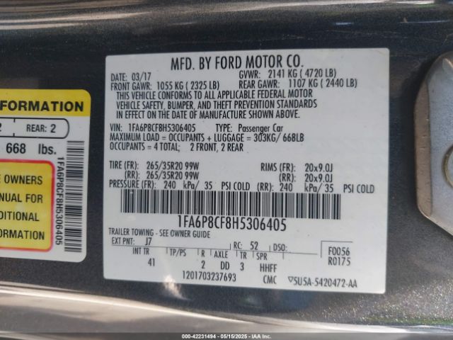 1FA6P8CF8H5306405 Ford 5.0l 4v premium fuel