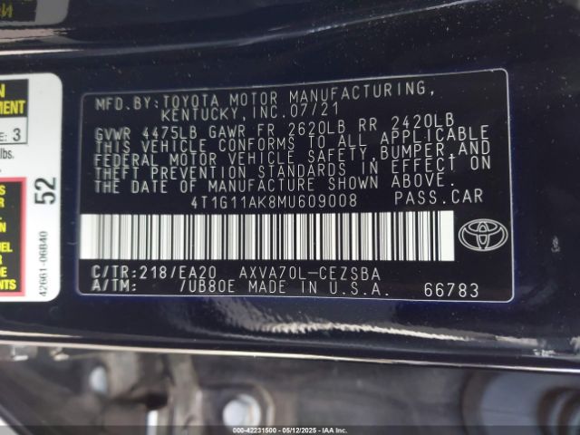 2021 TOYOTA CAMRY 4T1G11AK8MU609008 Photo 8