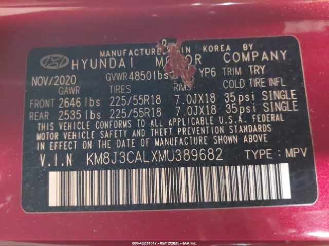 KM8J3CALXMU389682 Hyundai TUCSON SEL