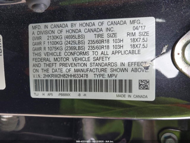 2HKRW2H82HH633478 Honda Cr-v Ex-l/ex-l Navi