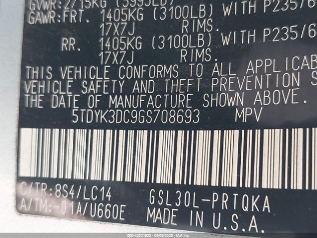 5TDYK3DC9GS708693 Toyota Sienna Xle 8 Passenger