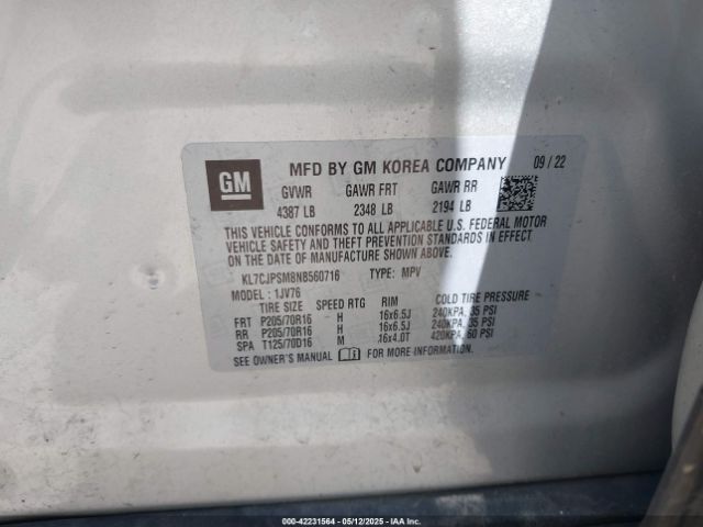 KL7CJPSM8NB560716 Chevrolet Trax Awd Lt