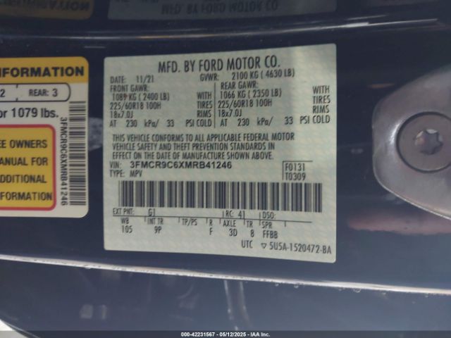 3FMCR9C6XMRB41246 Ford Bronco Sport Outer Banks