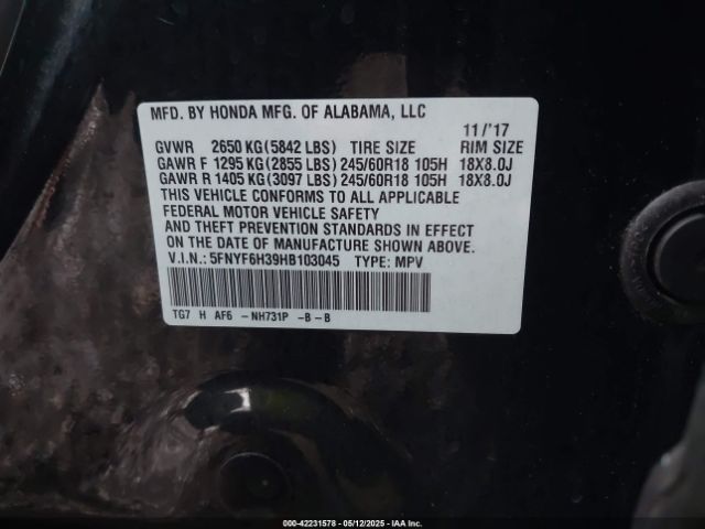 5FNYF6H39HB103045 Honda Pilot Ex