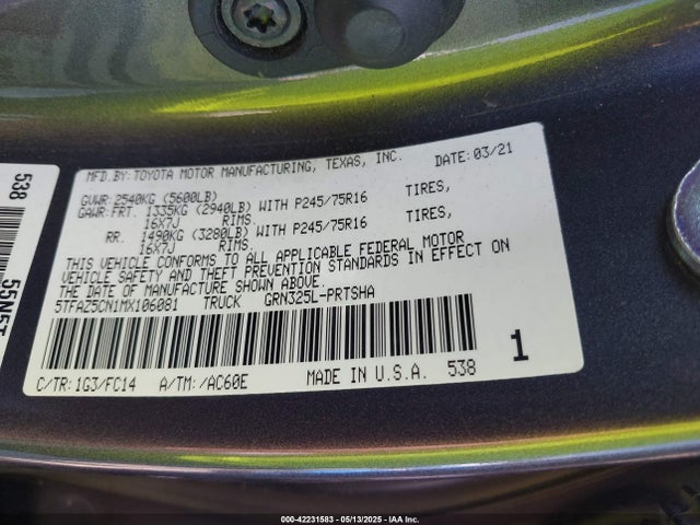 5TFAZ5CN1MX106081 Toyota 2gr-fks