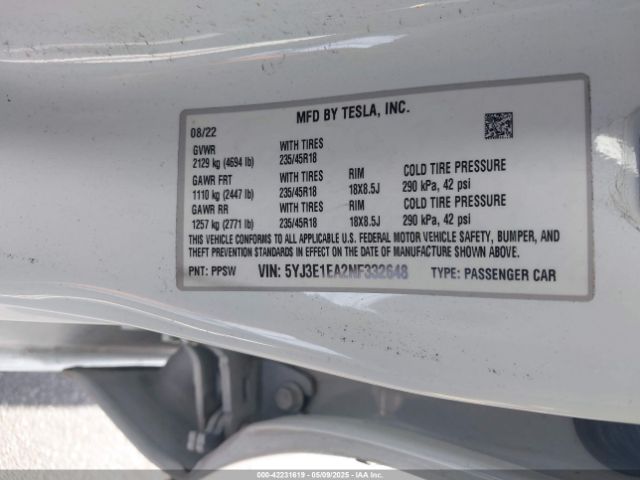 5YJ3E1EA2NF332648 Tesla Model 3 Rear-wheel Drive