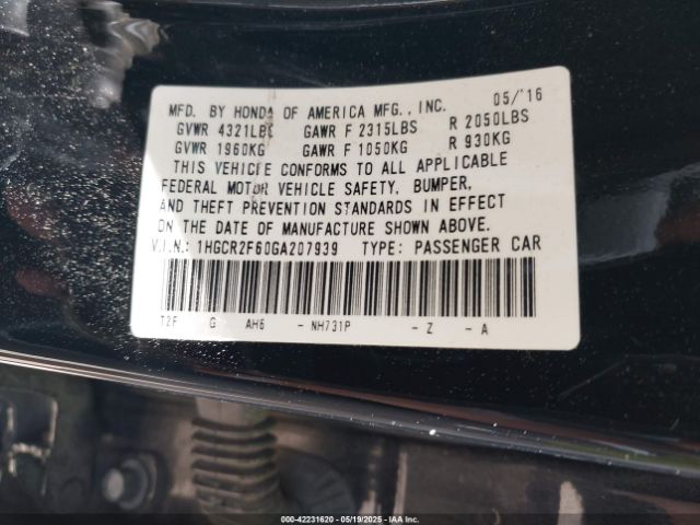 1HGCR2F60GA207939 Honda Accord Sport