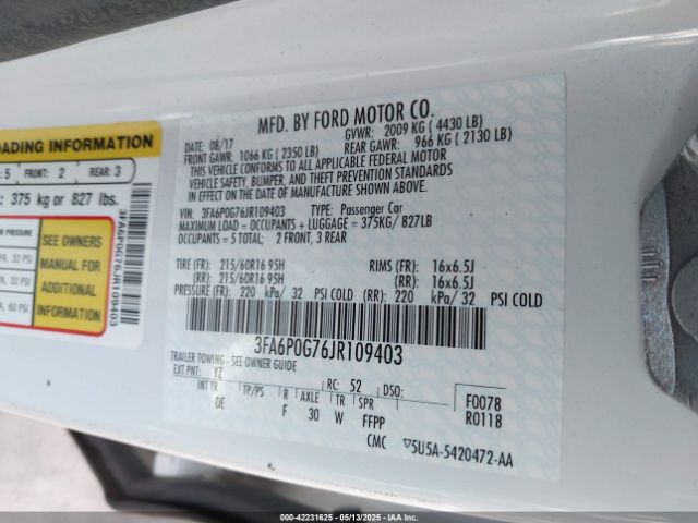 3FA6P0G76JR109403 Ford FUSION S