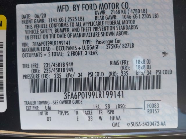 3FA6P0T99LR199141 Ford FUSION SE