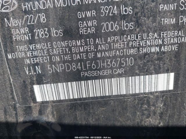 5NPD84LF6JH367510 Hyundai mpi nu