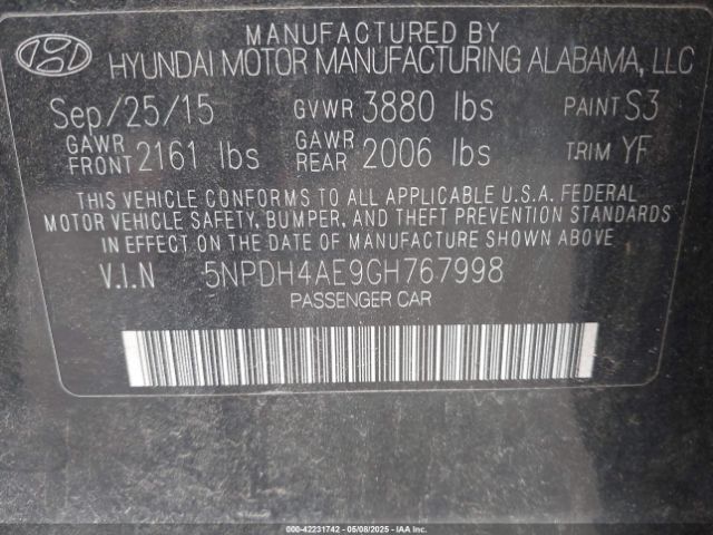 5NPDH4AE9GH767998 Hyundai Elantra Value Edition