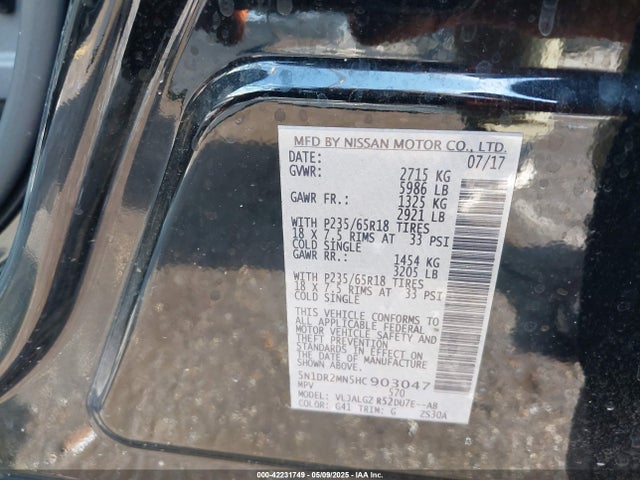 2017 Nissan Pathfinder Sl მანქანა იყიდება აუქციონზე, vin: 5N1DR2MN5HC903047, აუქციონის ნომერი: 42231749