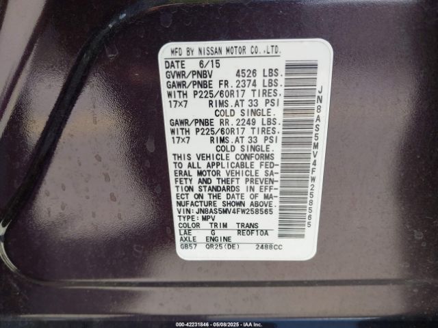 JN8AS5MV4FW258565 Nissan Rogue Select S