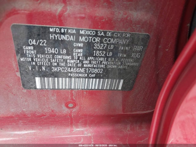 3KPC24A66NE170802 Hyundai ACCENT SE
