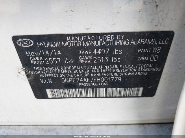 5NPE24AF7FH001779 Hyundai SONATA SE