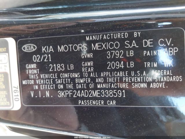 3KPF24AD2ME338591 KIA Forte Lxs