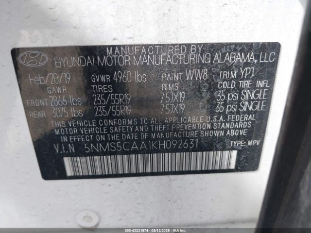 5NMS5CAA1KH092631 Hyundai Santa Fe Ultimate 2.0t