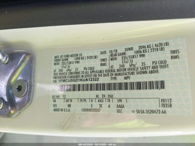 1FMCU0GD1KUA12322 Ford ESCAPE SE