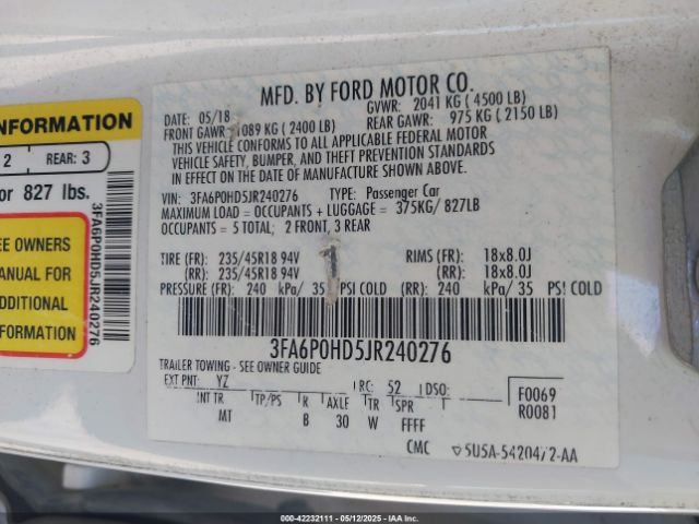 2018 FORD FUSION 3FA6P0HD5JR240276 Photo 8