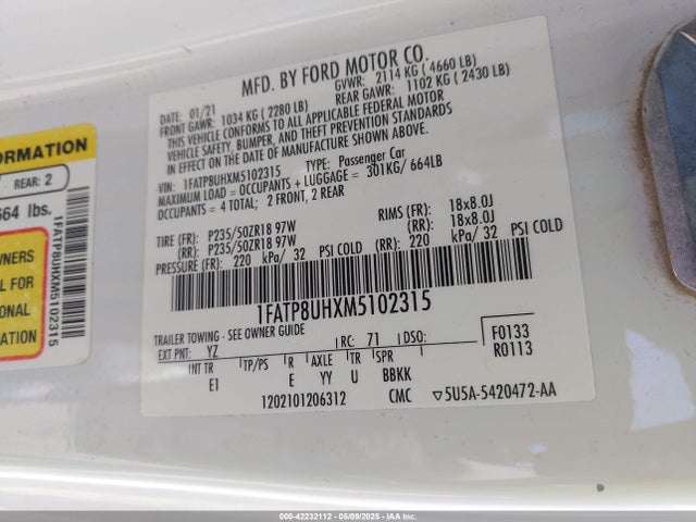 1FATP8UHXM5102315 Ford Mustang Ecoboost Premium