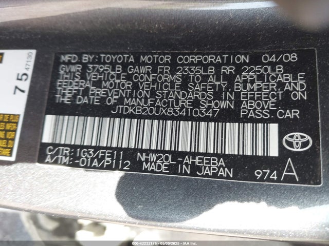 Aukcja sprzedaży 2008 Toyota Prius, vin: JTDKB20UX83410347, numer aukcji: 42232176