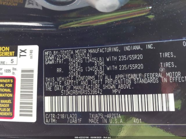 5TDKDRBH6RS539642 Toyota Highlander Platinum