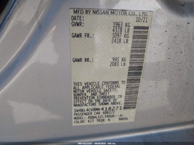 1N4BL4CV8MN418271 Nissan Altima Sr Fwd