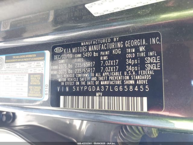 5XYPGDA37LG658455 KIA Sorento 2.4l Lx