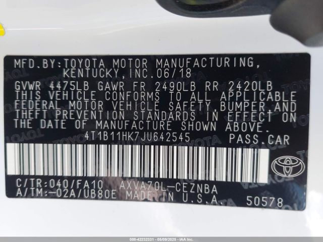 4T1B11HK7JU642545 Toyota CAMRY LE