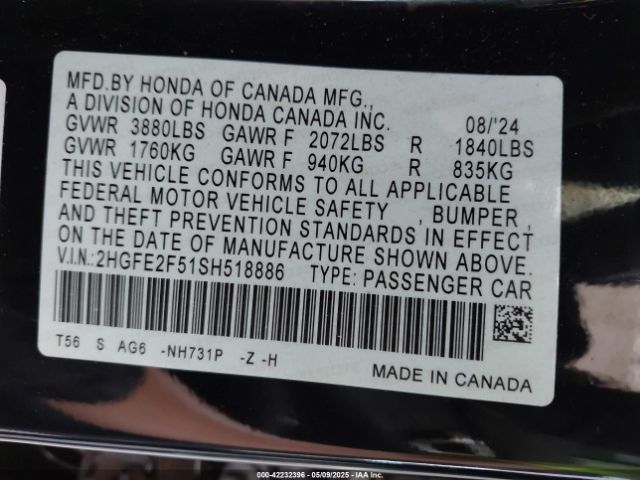 2HGFE2F51SH518886 Honda Civic Sport