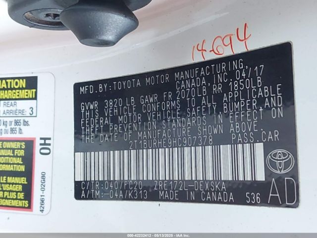 2T1BURHE9HC907378 Toyota 2zr-fe