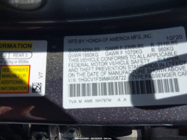 1HGCV1F59MA008722 Honda l15be