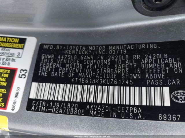 2019 TOYOTA CAMRY 4T1B61HK3KU761745 Photo 8