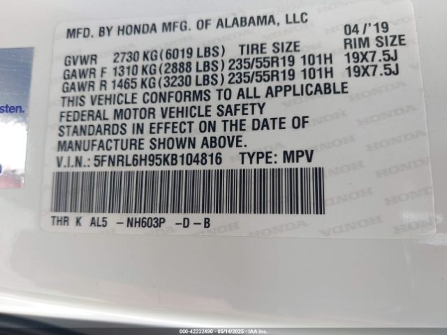 5FNRL6H95KB104816 Honda Odyssey Elite