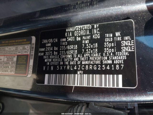 5XYRL4JC8RG254187 KIA SORENTO S