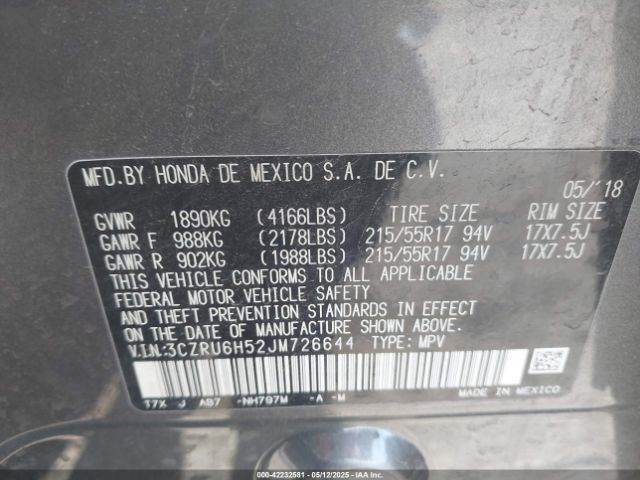 3CZRU6H52JM726644 Honda HR-V EX