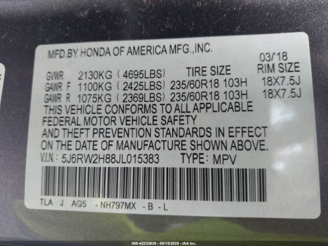 5J6RW2H88JL015383 Honda Cr-v Ex-l/ex-l Navi