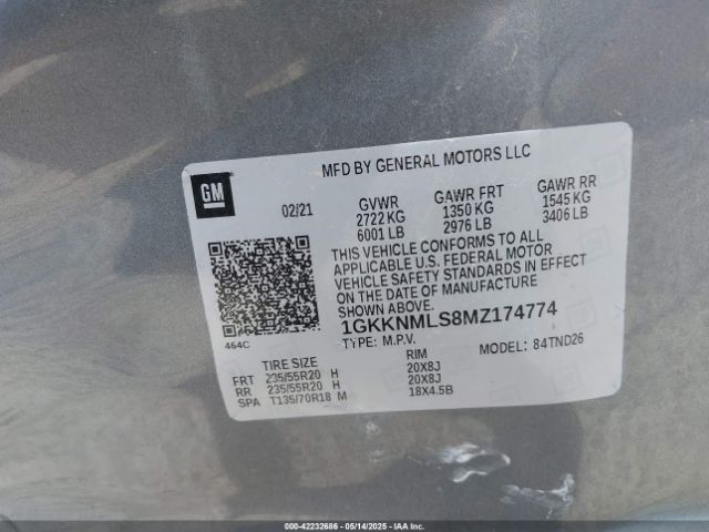 1GKKNMLS8MZ174774 GMC Acadia Fwd Slt