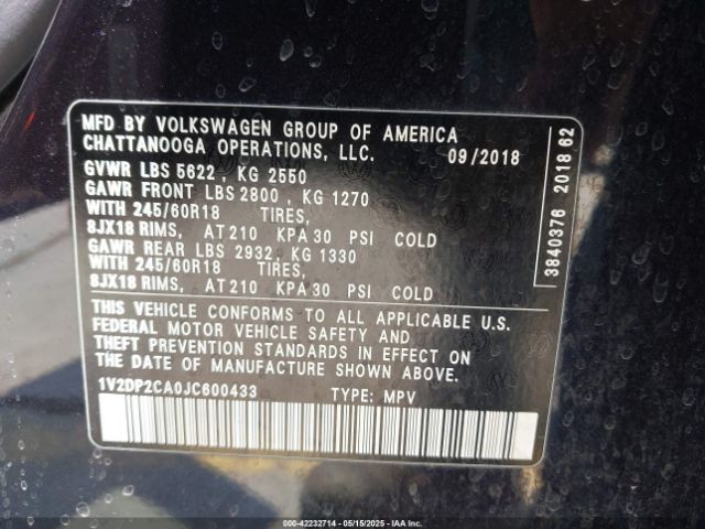 1V2DP2CA0JC600433 Volkswagen Atlas 2.0t Se/2.0t Se W/technology