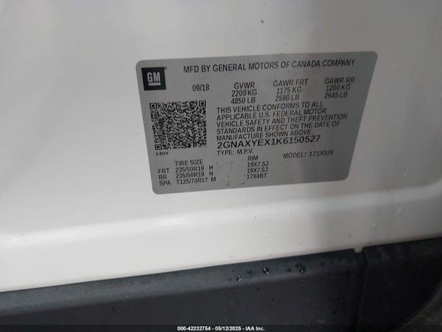 Продаж на аукціоні авто 2019 Chevrolet Equinox Premier, vin: 2GNAXYEX1K6150527, номер лоту: 42232754