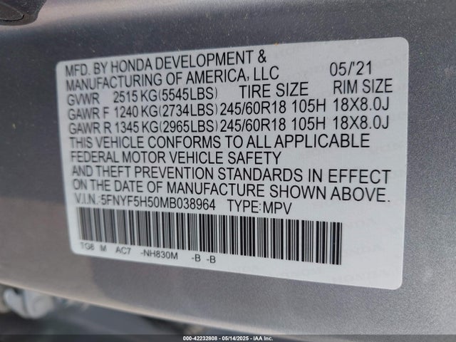 5FNYF5H50MB038964 Honda j35y6