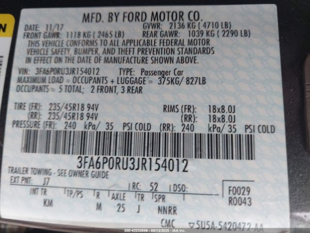 3FA6P0RU3JR154012 Ford Fusion Hybrid Titanium