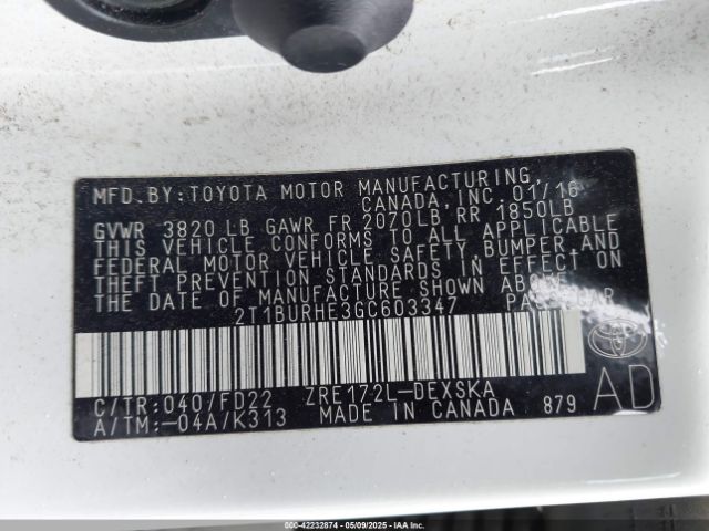 2T1BURHE3GC603347 Toyota Corolla S Plus
