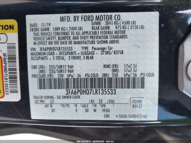 3FA6P0HD7LR135533 Ford 2020