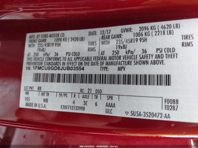1FMCU0GD8JUB03554 Ford ESCAPE SE